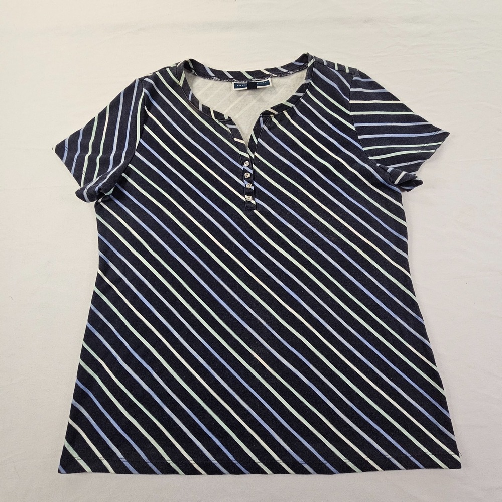 Karen Scott Blue Striped Short Sleeve Cotton Blend Henley T-Shirt Women's M